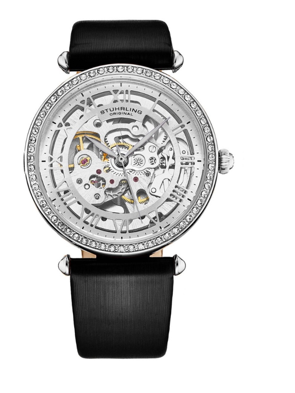 Stührling Original Women's Skeleton Crystal Bezel Black Leather Women’s Watch